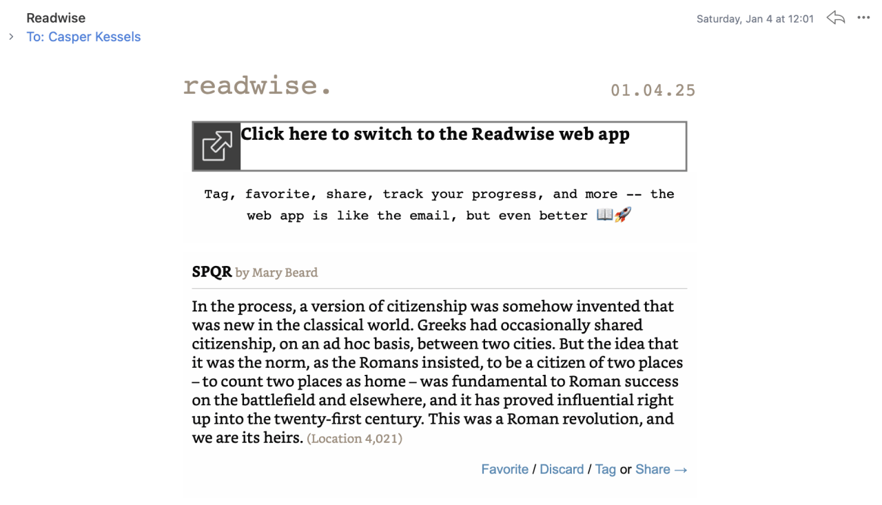 Screenshot of an email from readwise